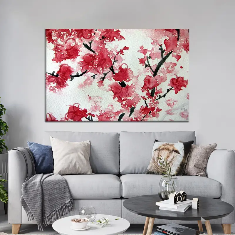 エレガントな赤い花日本の花柄プリントキャンバスアート