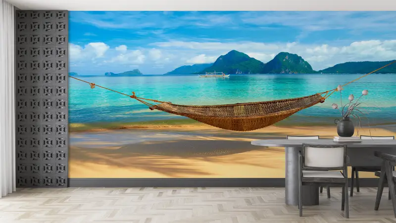 Baskılı Duvar Kağıdı: Hamak Chill Deniz Manzarası Plaj Manzarası