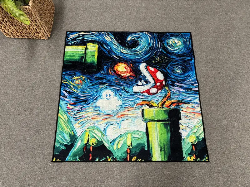 Alfombra moderna con estampado de Mario World: elegante diseño de la noche estrellada de Van Gogh