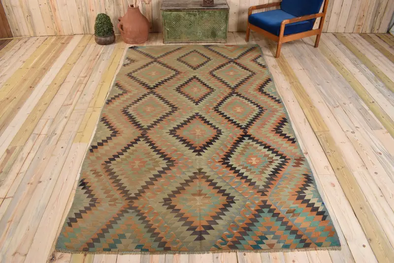 Yeşil Fas Halısı, Turuncu Desenli 5,9x10,2 ft