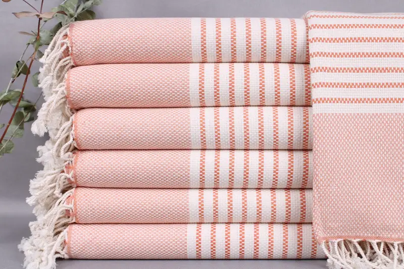 Turkish Beach Towel Organic Cotton Orange Stripes Beige, 40x75 Inches