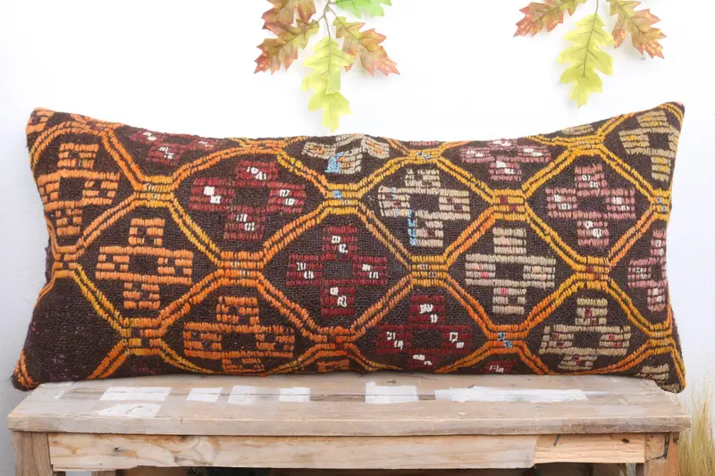 Antique Pillows, Interior Designer Pillow, 16x36 Orange Cushion, Vintage Kilim Throw Pillow, Knitted Cushion Cover, Pillow Case - 2