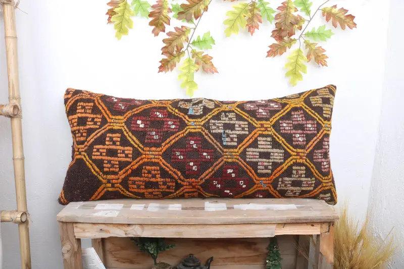 Antique Pillows, Interior Designer Pillow, 16x36 Orange Cushion, Vintage Kilim Throw Pillow, Knitted Cushion Cover, Pillow Case - 1