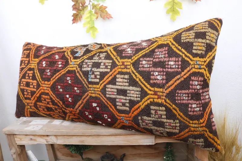 Antique Pillows, Interior Designer Pillow, 16x36 Orange Cushion, Vintage Kilim Throw Pillow, Knitted Cushion Cover, Pillow Case - 4