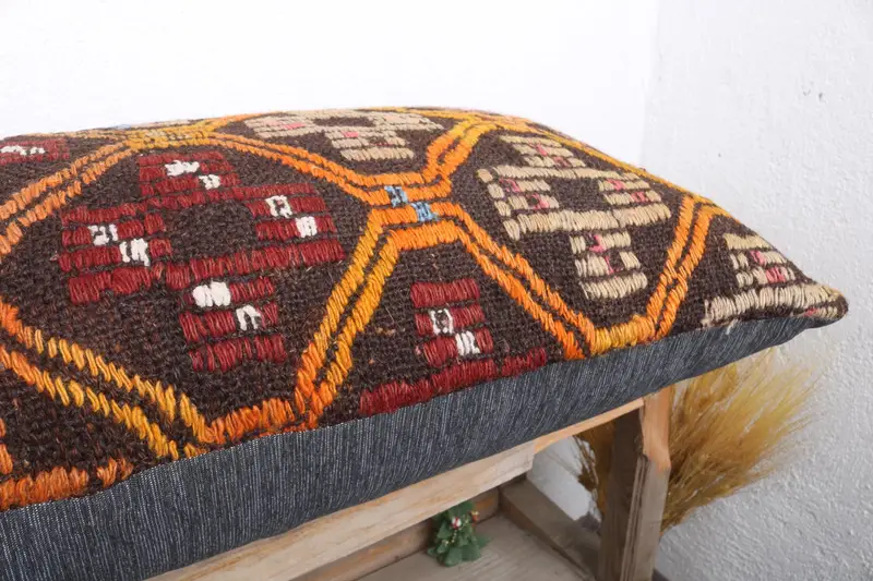Antique Pillows, Interior Designer Pillow, 16x36 Orange Cushion, Vintage Kilim Throw Pillow, Knitted Cushion Cover, Pillow Case - 6