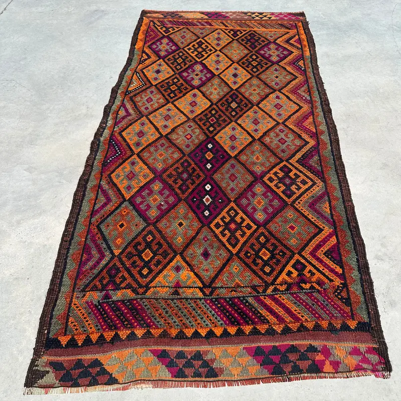 Vintage Rug, Area 3.5x7.2 ft Turkish Rug, Orange Solid Wool Rug - 1