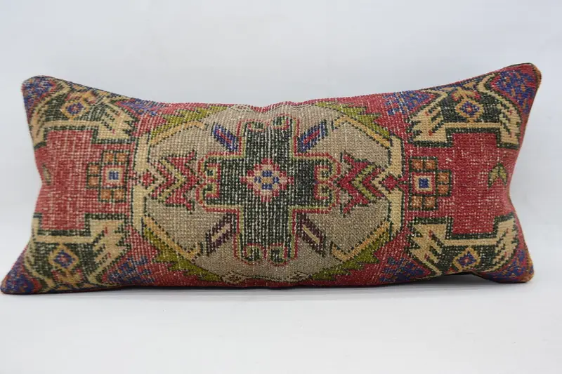 Vintage Pillow, Cozy Throw Pillow, Ethnical Kilim Rug Pillow, Cushion Case, Kilim Pillow, Seat Pillow, 16x36 Red Pillow Case, Neutral Pillow Cover - 1