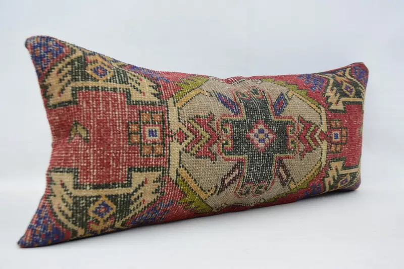 Vintage Pillow, Cozy Throw Pillow, Ethnical Kilim Rug Pillow, Cushion Case, Kilim Pillow, Seat Pillow, 16x36 Red Pillow Case, Neutral Pillow Cover - 3
