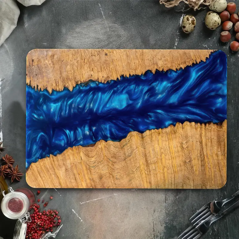 Ahşap Damar Desenli Mavi Reçine İnfüzyonlu Cam Kesme Tahtası