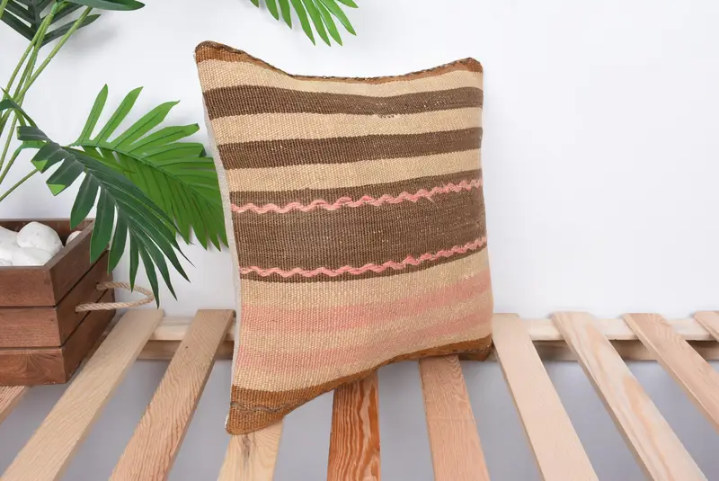 Outdoor Throw Pillow Case, Interior Designer Pillow, 14x14 Brown Pillow, Boho Pillow Sham Cover, Pillow Sham, Ethnical Kilim Rug Pillow - 4