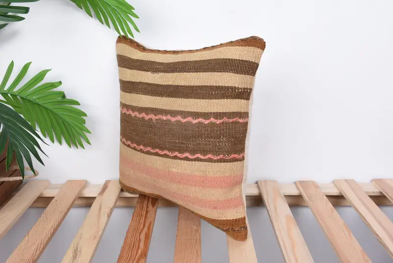 Outdoor Throw Pillow Case, Interior Designer Pillow, 14x14 Brown Pillow, Boho Pillow Sham Cover, Pillow Sham, Ethnical Kilim Rug Pillow - 5
