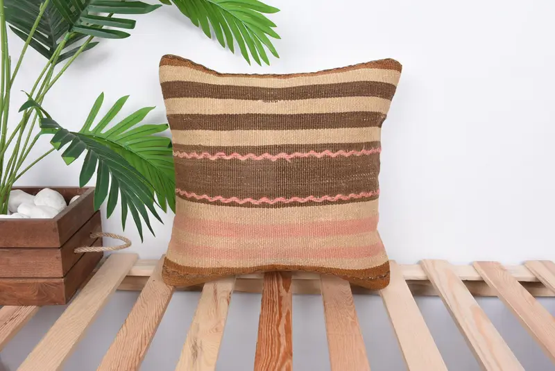 Outdoor Throw Pillow Case, Interior Designer Pillow, 14x14 Brown Pillow, Boho Pillow Sham Cover, Pillow Sham, Ethnical Kilim Rug Pillow - 1