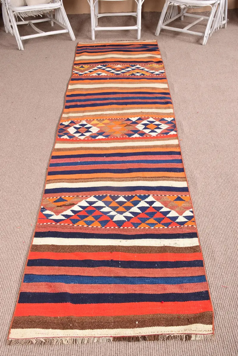 Vintage Turkish Runner Rug 2.6x10.3 ft, Blue Red Paisley Rug - 1