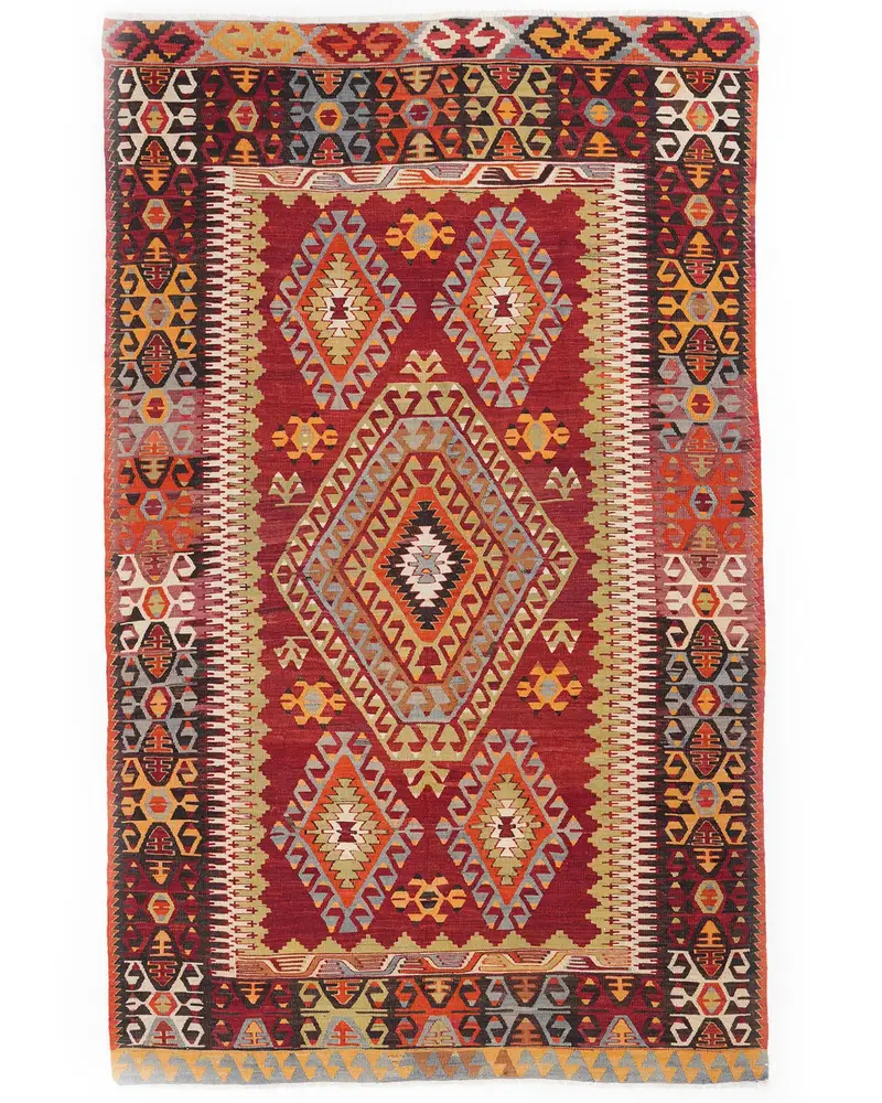 Alfombra Roja con Detalles Amarillos, 5,6x9,3ft Decoración Elegante