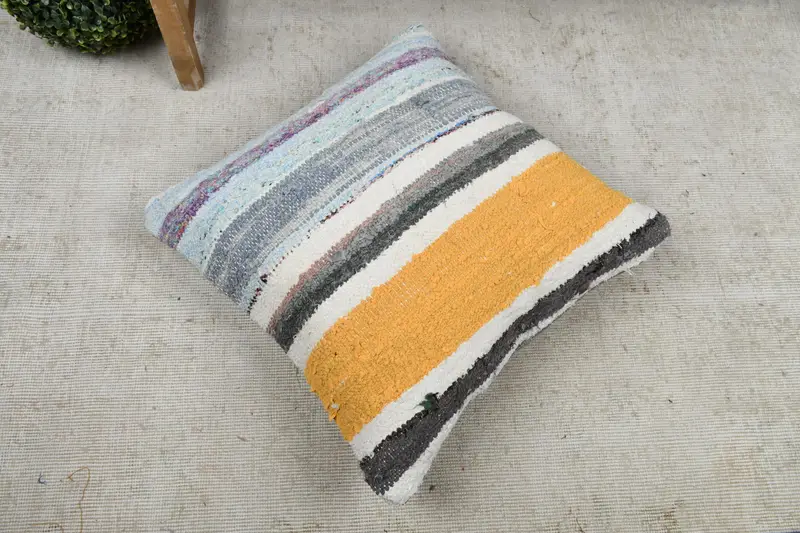 Couch Pillow Cover, Aesthetic Cushion, Boho Pillow Sham Cover, Vintage Kilim Pillow, Cushion Cover, 22x22 Yellow Cushion, Vintage Pillow - 8