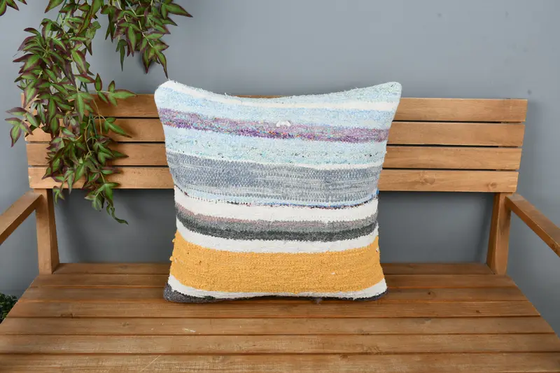 Couch Pillow Cover, Aesthetic Cushion, Boho Pillow Sham Cover, Vintage Kilim Pillow, Cushion Cover, 22x22 Yellow Cushion, Vintage Pillow - 6