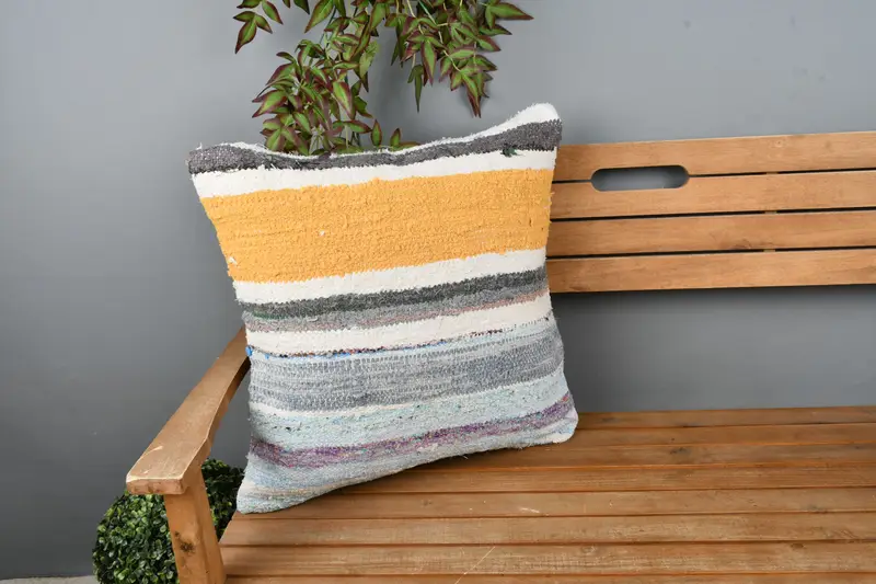 Couch Pillow Cover, Aesthetic Cushion, Boho Pillow Sham Cover, Vintage Kilim Pillow, Cushion Cover, 22x22 Yellow Cushion, Vintage Pillow - 1