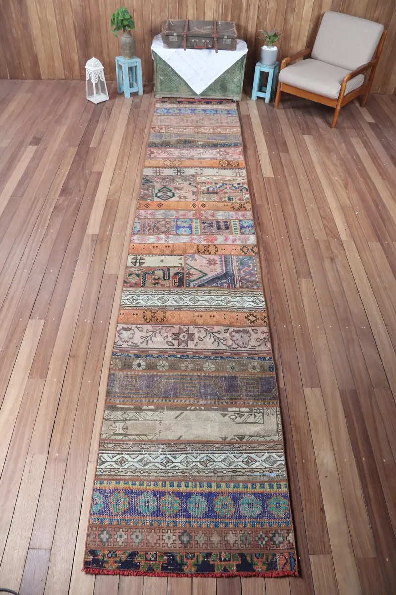 Türk Vintage Halı, 2.7x13.9 ft Patchwork Halı, Kahverengi Gökkuşağı Çiçekli Halı - 1