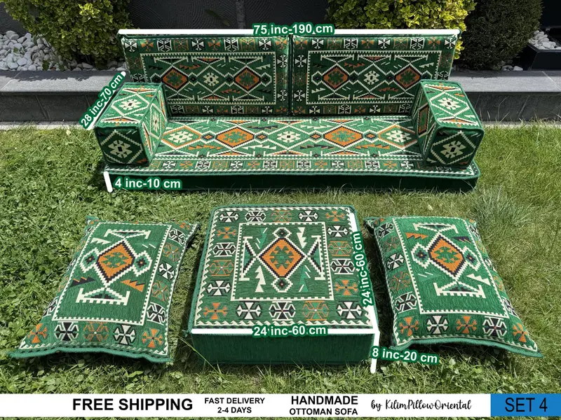 Handmade Kilim-Inspired Pouf, Green and Gray Wool Pouf