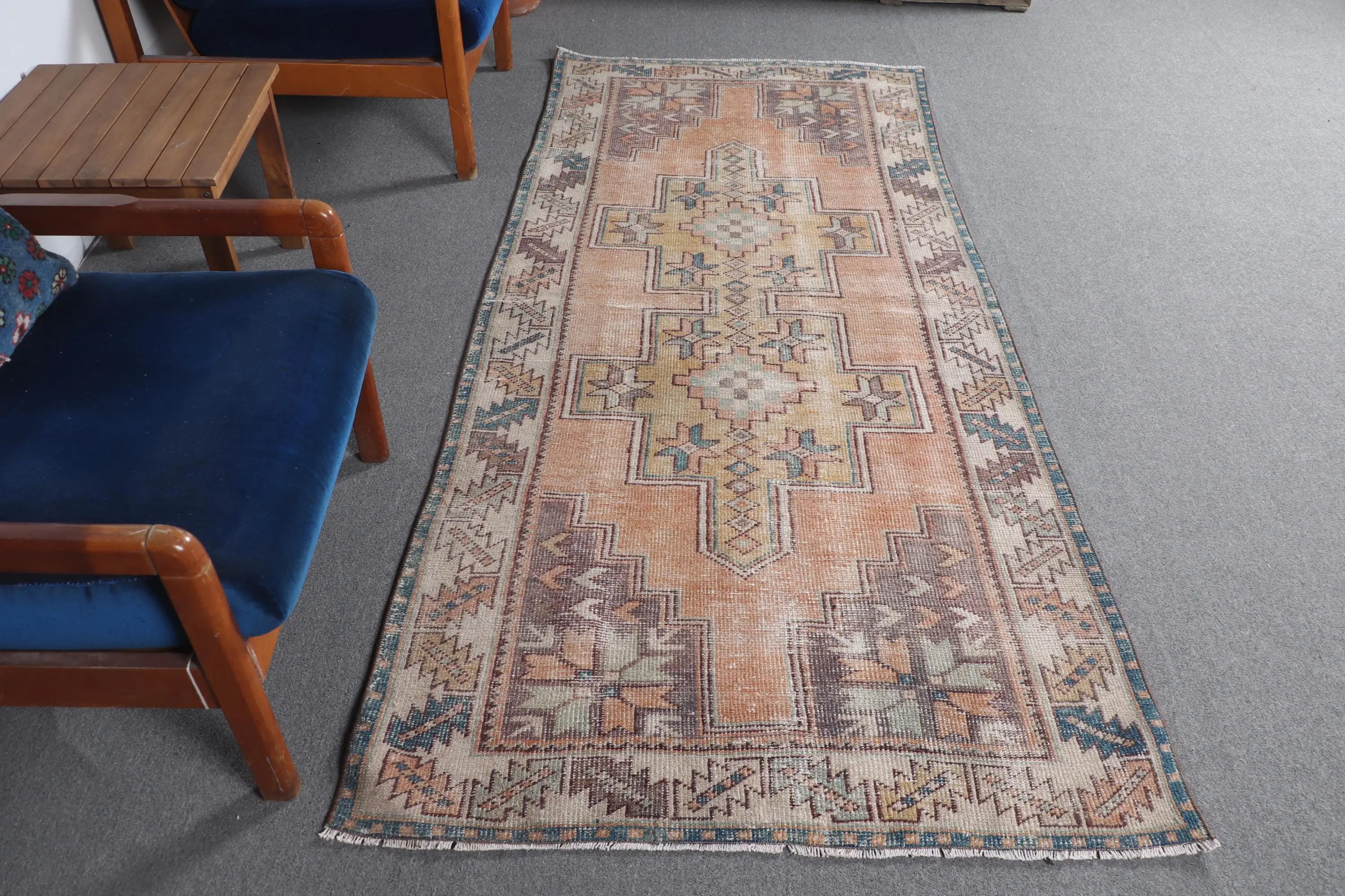 3.7x7.9 ft Vintage Area Rug, Brown Blue Turkish Bordered Wool Rug - 1