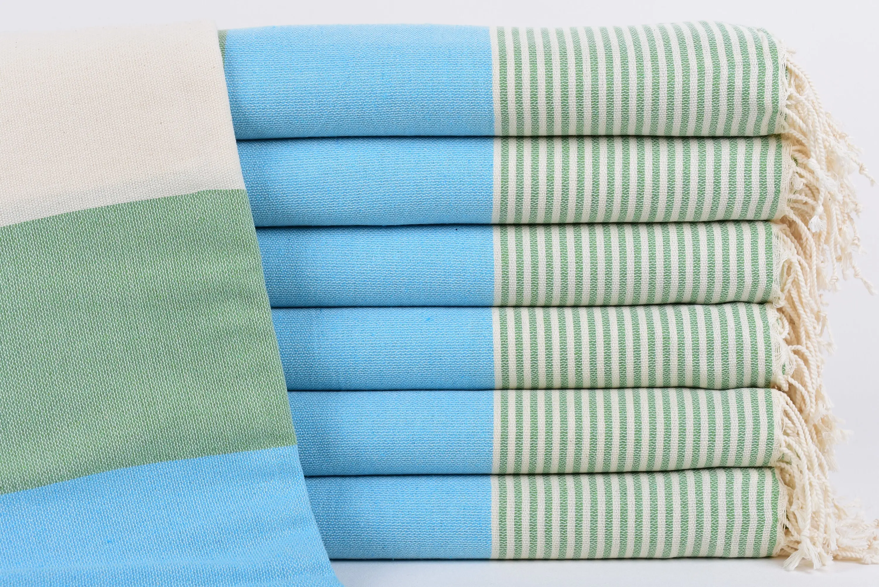 Turkish Beach Towel Organic Cotton Green-Turquoise Stripes, 67x40 Inches - 1