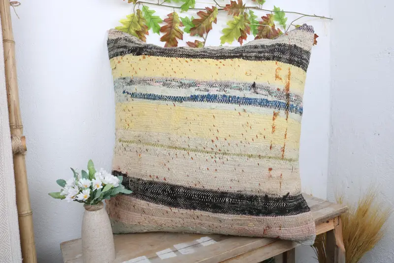 Office Chair Pillow, Throw Kilim Pillow, Boho Pillow, 24x24 Yellow Pillow Sham, Pillow Case, Turkish Pillow, Outdoor Patio Pillow Cover - 4
