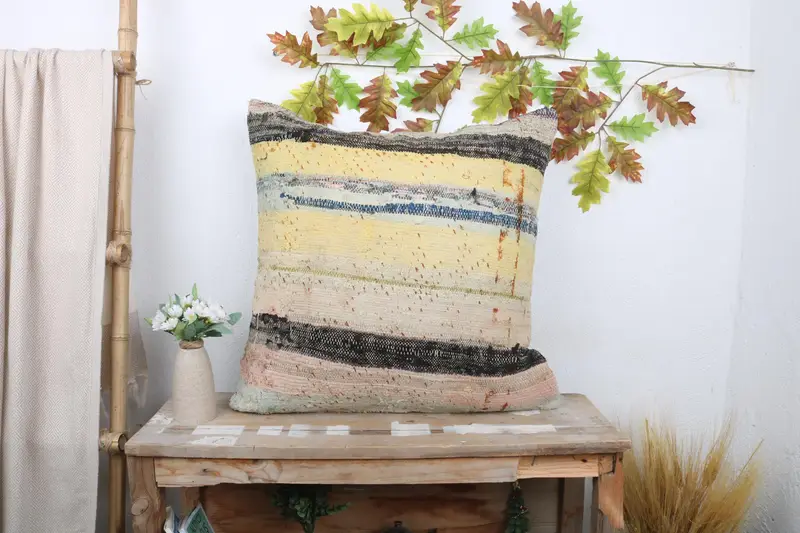 Office Chair Pillow, Throw Kilim Pillow, Boho Pillow, 24x24 Yellow Pillow Sham, Pillow Case, Turkish Pillow, Outdoor Patio Pillow Cover - 1