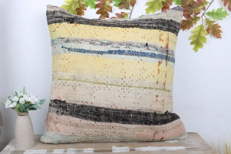 Office Chair Pillow, Throw Kilim Pillow, Boho Pillow, 24x24 Yellow Pillow Sham, Pillow Case, Turkish Pillow, Outdoor Patio Pillow Cover - 2
