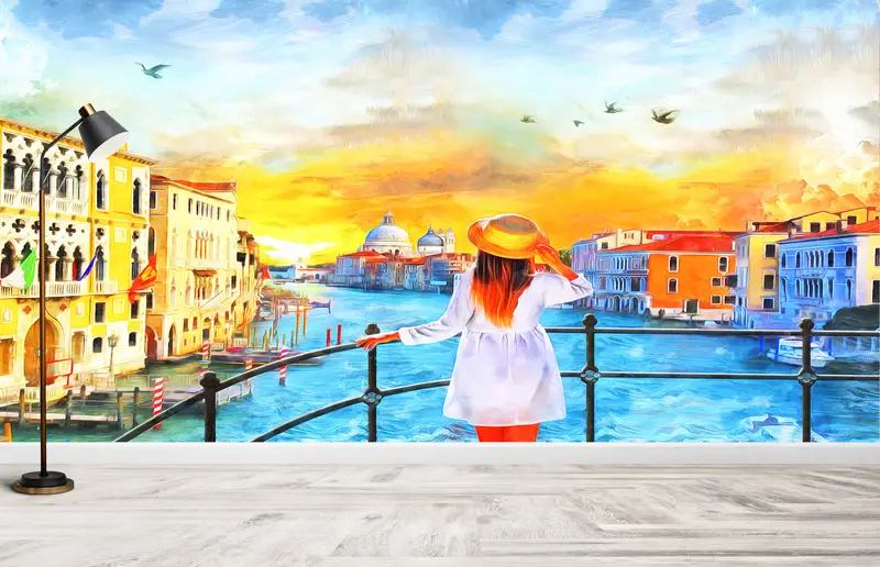3d Wall Paper, Custom Wall Paper, Wall Paper Peel and Stick, , Oil Painting Print, Venice Wall Art, Girl Wall Painting, City Wall Paper, - 5