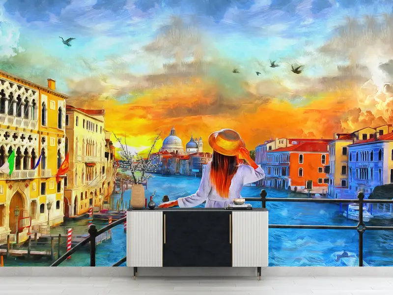 3d Wall Paper, Custom Wall Paper, Wall Paper Peel and Stick, , Oil Painting Print, Venice Wall Art, Girl Wall Painting, City Wall Paper, - 2