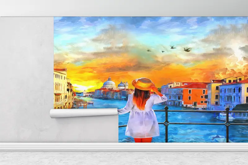 3d Wall Paper, Custom Wall Paper, Wall Paper Peel and Stick, , Oil Painting Print, Venice Wall Art, Girl Wall Painting, City Wall Paper, - 4