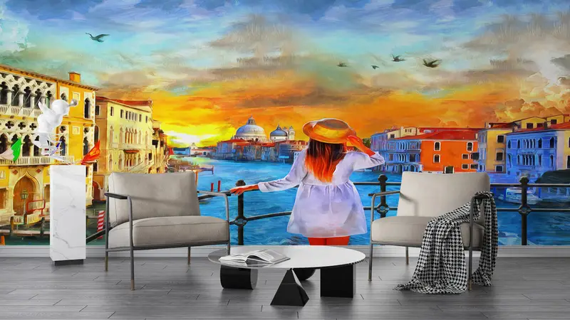 3d Wall Paper, Custom Wall Paper, Wall Paper Peel and Stick, , Oil Painting Print, Venice Wall Art, Girl Wall Painting, City Wall Paper, - 1