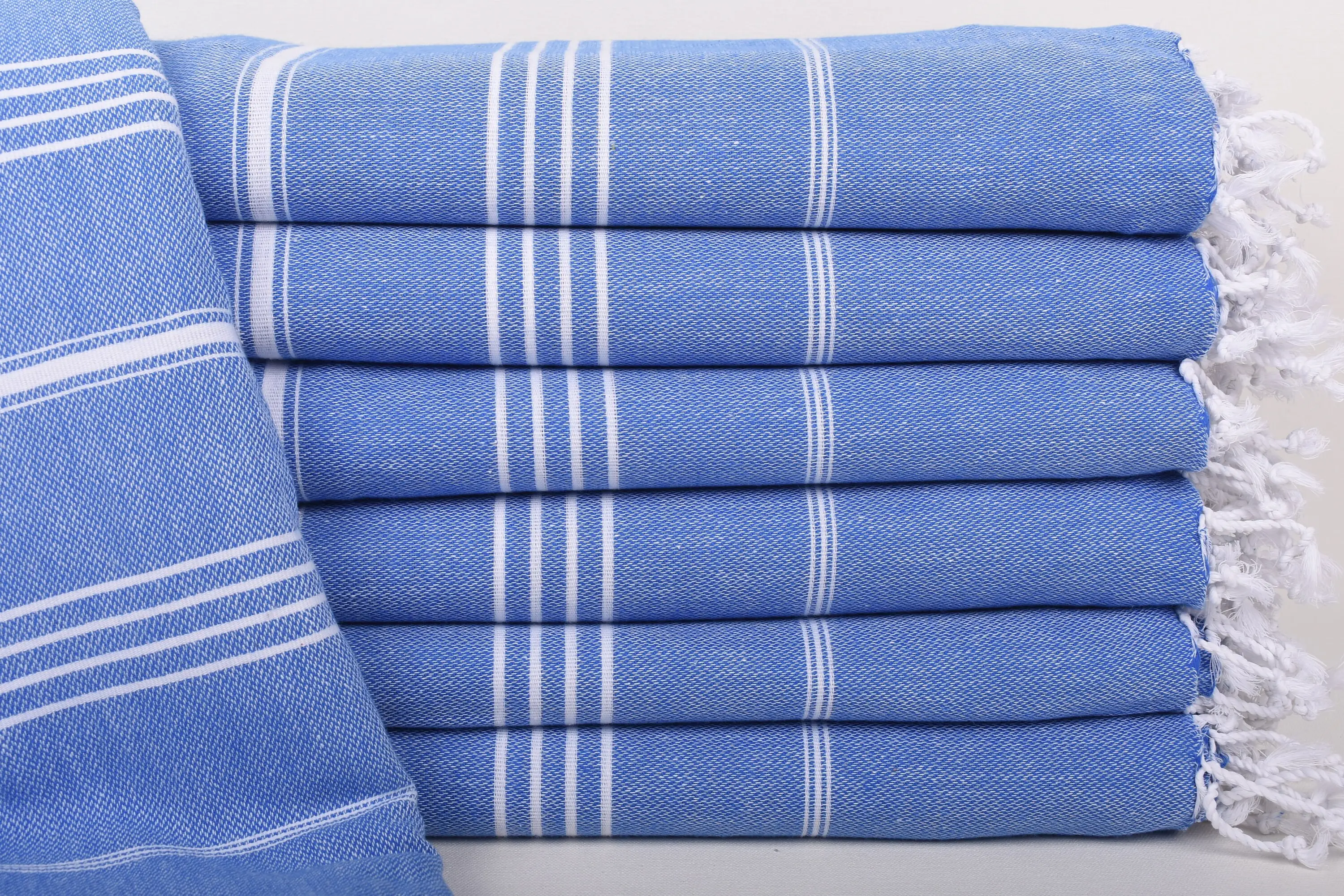 Handmade Turkish Sax Blue Striped Throw, 87x63 Inches - 1