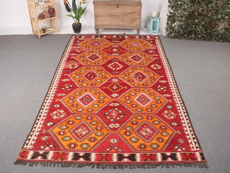 Red & Orange Rug, 6x10 ft Striped Geometric Design