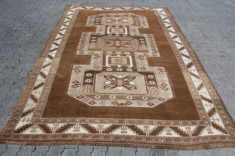 Vintage Rug, 6.6x9.9 ft Large Rug, Brown White Oushak Wool Rug - 1