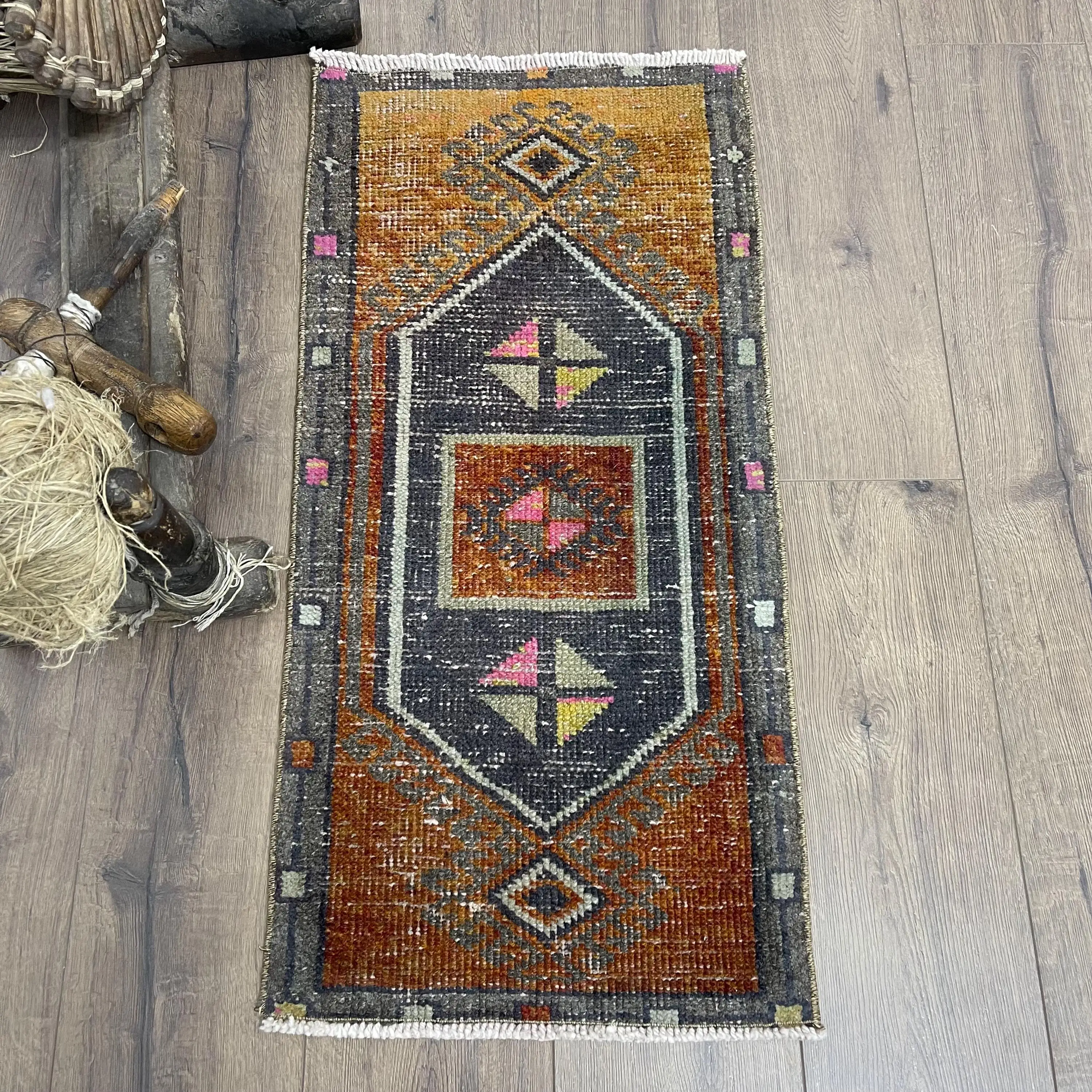 1.4x3 ft Turkish Rug, Small Vintage Rug, Brown Oriental Rug - 1