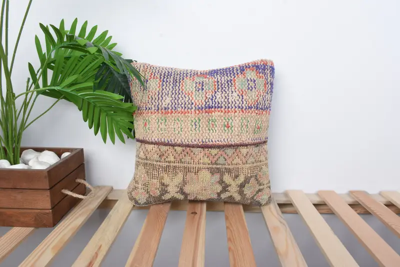 Pillow, Vintage Kilim Throw Pillow, Handmade Kilim Cushion, Kilim Pillow, Luxury Pillow Cover, 14x14 Blue Pillow Sham, Outdoor Bolster Pillow - 1
