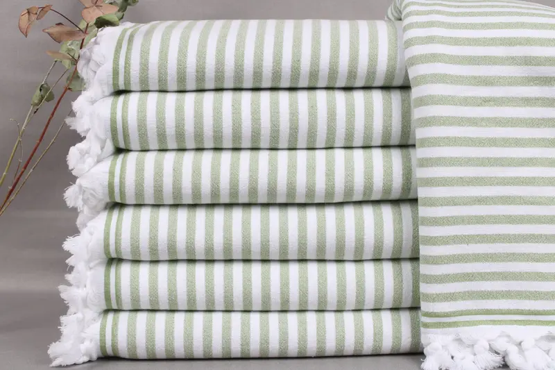Wholesale Organic Beach Towel Khaki Green, Terry, Striped, 36x71 Inches