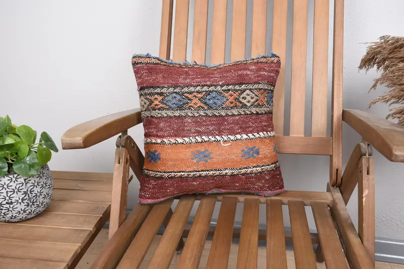 Striped Turkish Small Square Cushion Cover, 14x14 inch Brown Indoor Antique Pillow Sham - 1