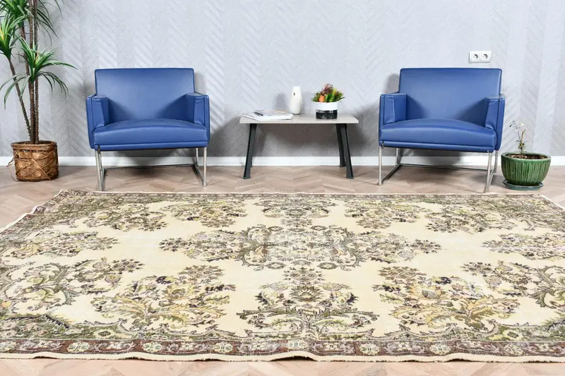 6,5x9,6 ft Teppich, Vintage Türkischer Teppich, Oushak Grüner Patchwork Teppich - 1