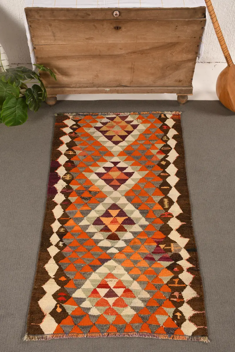 2.8x4.9 ft Halı, Türk Vintage Halısı, Gökkuşağı Kareli Yün Halı - 1