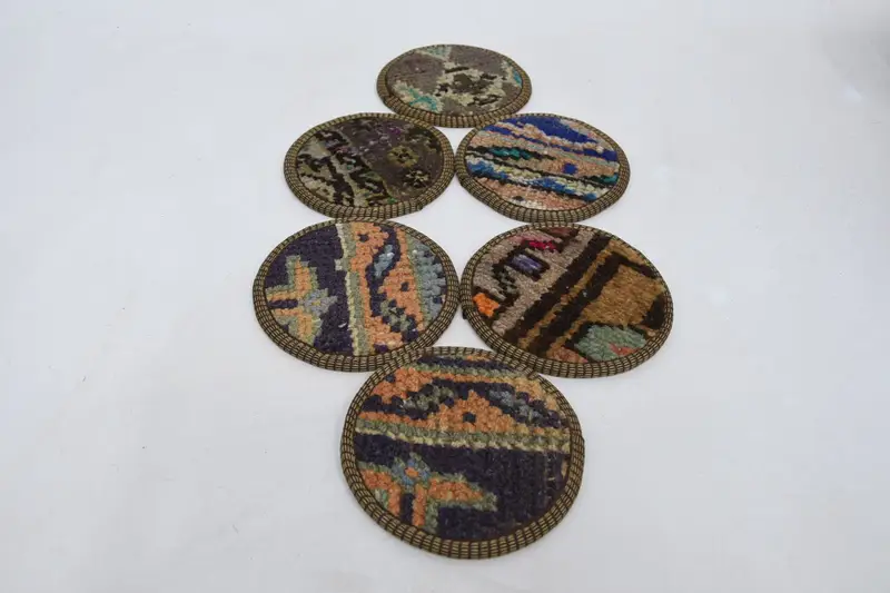 Blue and Brown Bohemian Coasters, Round Ethnic Coaster Set