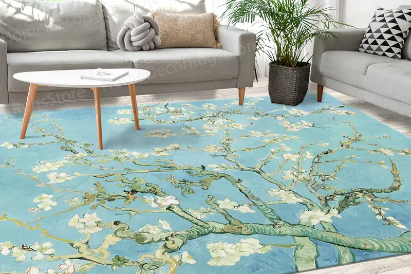 Van Gogh'tan Esinlenen Badem Çiçeği Ağacı Baskılı Halı