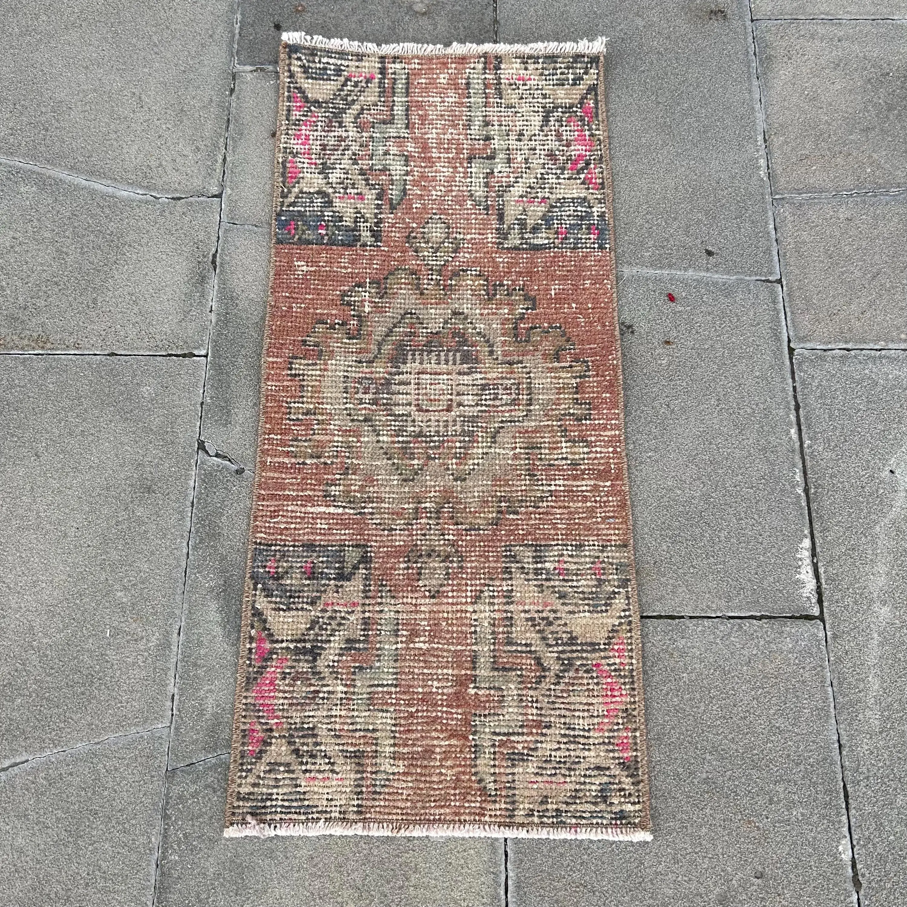 Vintage Turkish Rug 1.2x2.7 ft (37x82 cm), Brown Wool Rug - 1