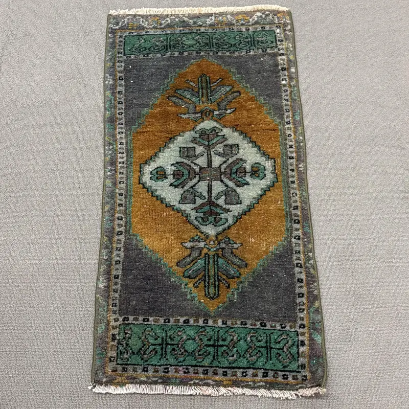 Oushak Halı, 1.3x2.6 ft Türk Halısı, Yeşil İkat Halı Yünü - 1