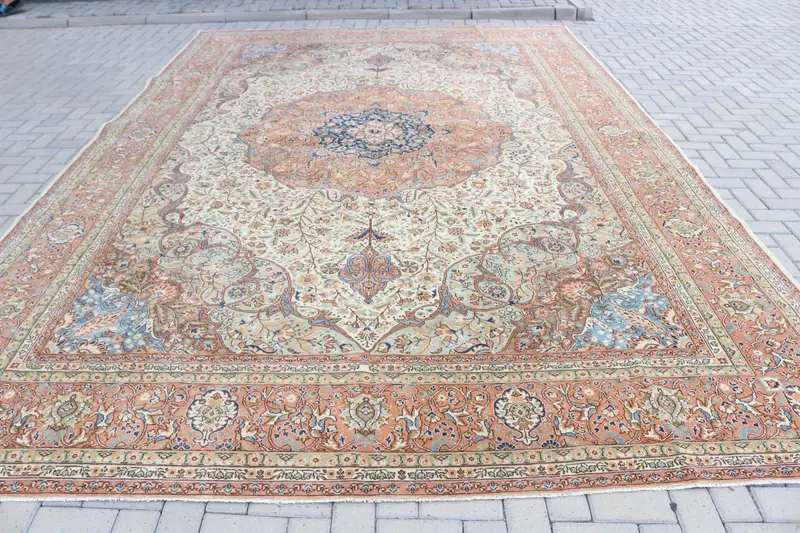 Alfombra de 9,9x14,6 pies, alfombra turca vintage de gran tamaño, alfombra de lana Oushak azul - 1