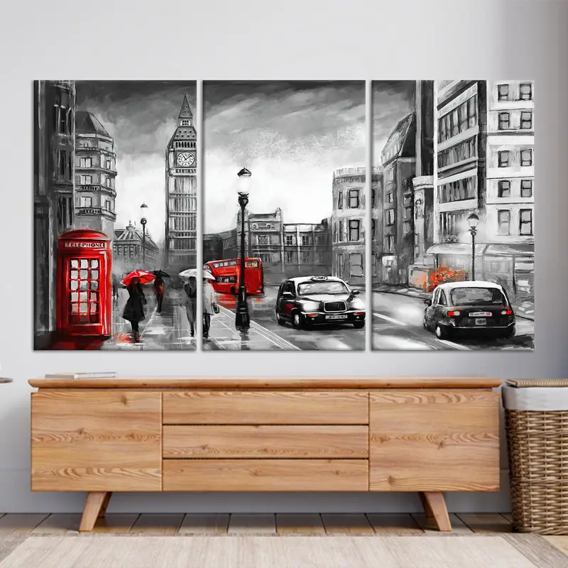 Cuadro moderno del paisaje urbano de Londres: cabina telefónica roja, día lluvioso