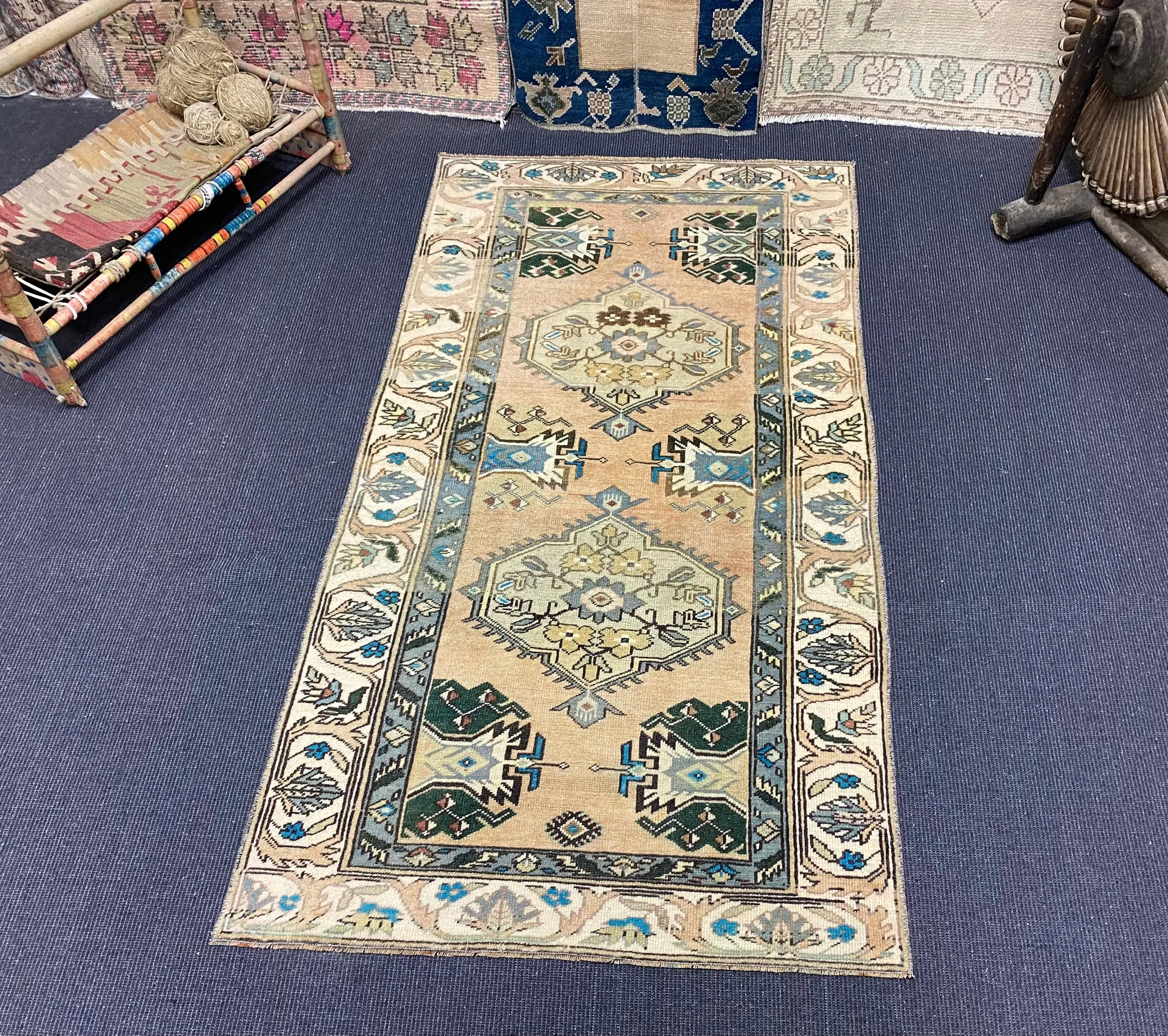 2.9x5.6 ft Halı, Türk Vintage Halısı, Mavi Çiçekli Yün Halı - 1