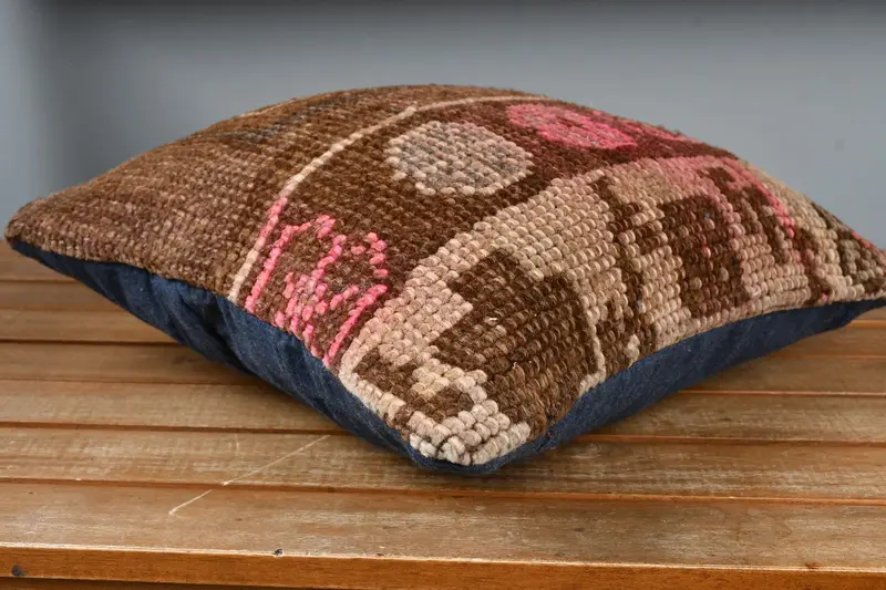 Vintage Kilim Throw Pillow, Art Deco Pillow Case, Cushion, Turkish Pillow, Pillow for Couch, 14x14 Brown Cushion Case, Authentic Pillow Sham - 4