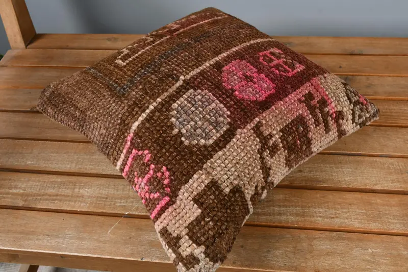 Vintage Kilim Throw Pillow, Art Deco Pillow Case, Cushion, Turkish Pillow, Pillow for Couch, 14x14 Brown Cushion Case, Authentic Pillow Sham - 2